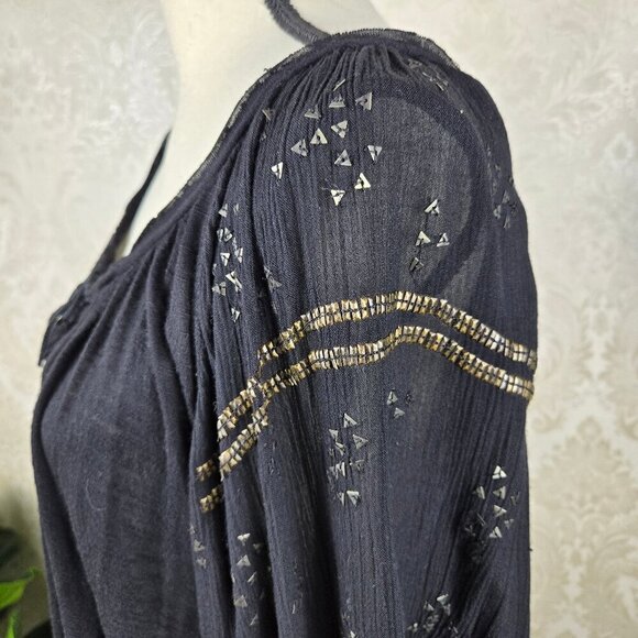 Free People Size Small Black Peasant Top Tie Scoop Neck Long Sleeve Embellished - Picture 11 of 16